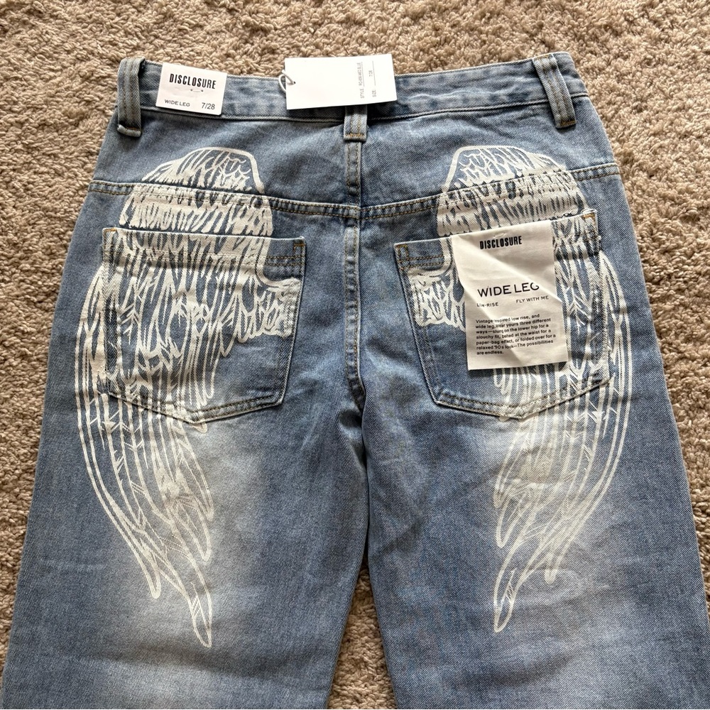 Disclosure Women Sz 28 Wide Leg Fly with Me Lt. Blue Jeans with Angel Wing Back - Picture 7 of 11